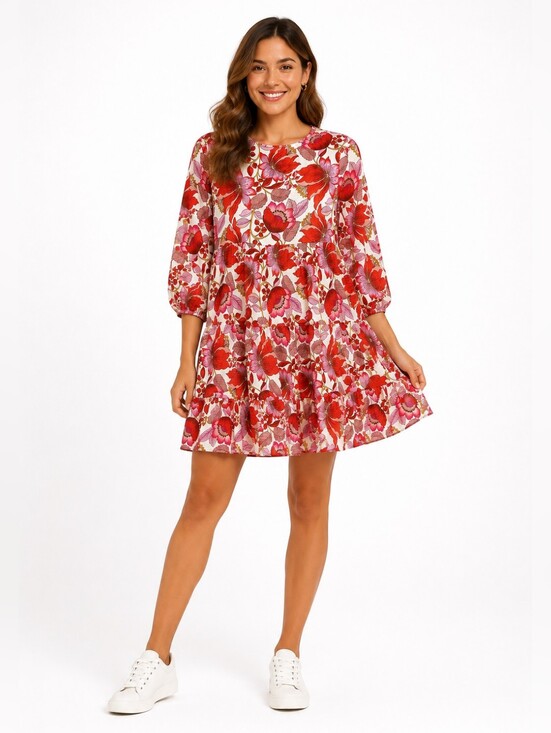 Zara Dresses & Skirts - Women's ZARA Floral Tiered Mini Dress M Red Pink